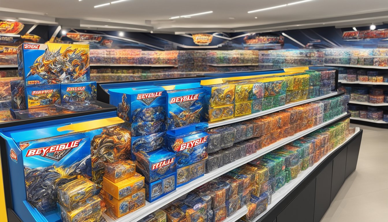 A display of Metal Fight Beyblade editions in a Singapore store, with vibrant packaging and various models available for purchase