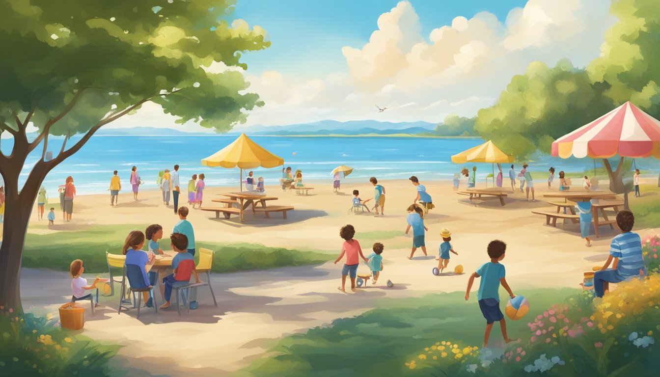 A serene beach with calm waters, a playground with joyful children, and a peaceful park with families picnicking under clear blue skies
