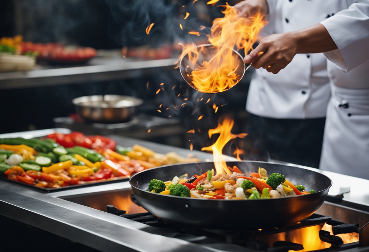 A wok sizzles over a high flame, as a chef tosses colorful vegetables and aromatic spices. Steam rises, filling the air with the tantalizing aroma of Chinese cuisine