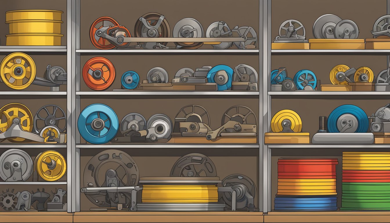 A hardware store shelf displays various pulleys for sale in Singapore
