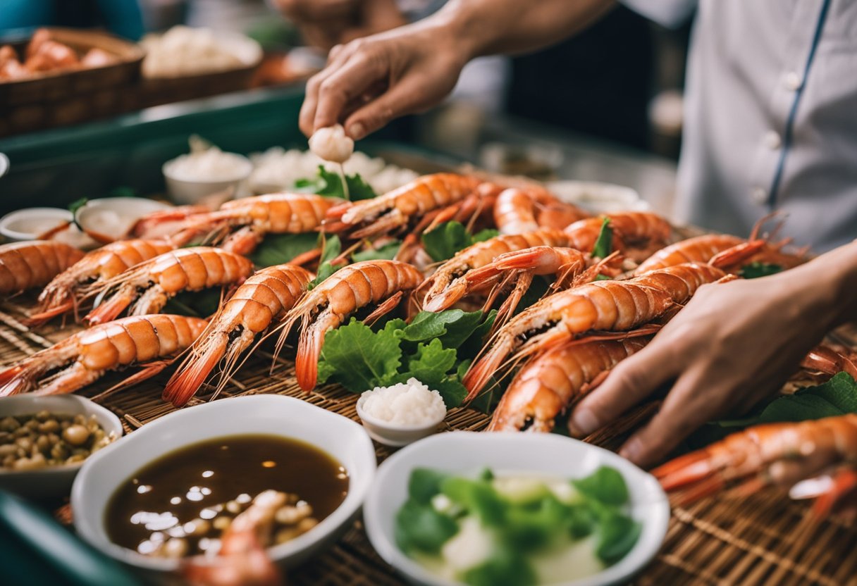 A hand reaches for fresh tiger prawns, ginger, garlic, and soy sauce in a bustling Chinese market