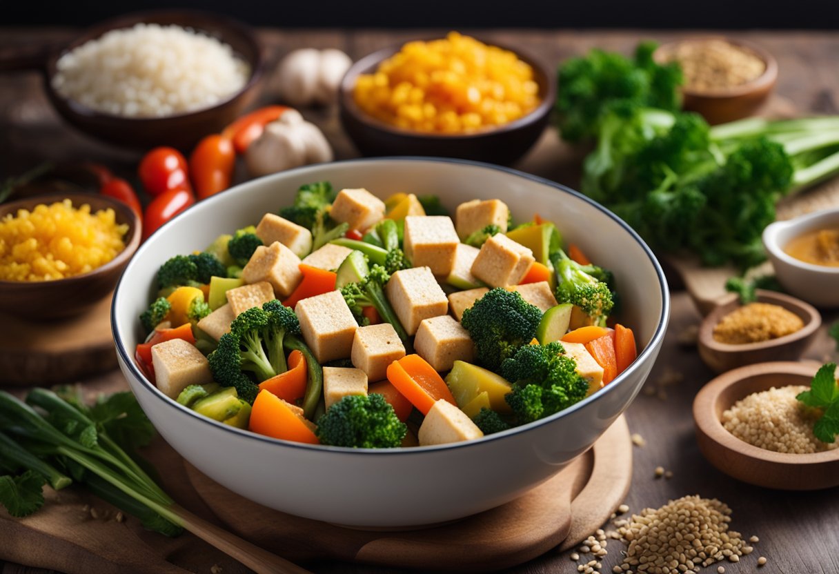 A steaming bowl of stir-fried vegetables and tofu sits on a wooden table, surrounded by colorful ingredients and a Thermomix TM6