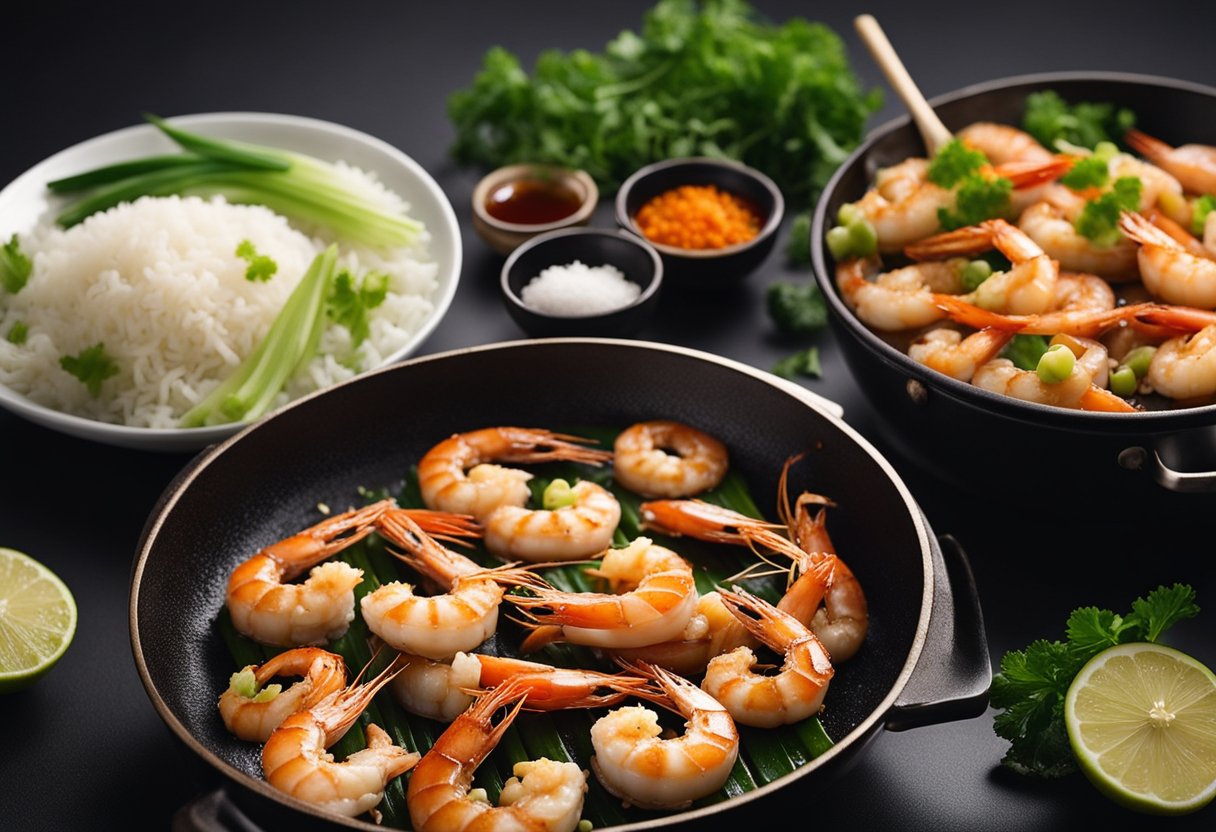 Tiger prawns being marinated in soy sauce, ginger, and garlic. Vegetables being chopped and stir-fried in a wok. Rice steaming in a pot