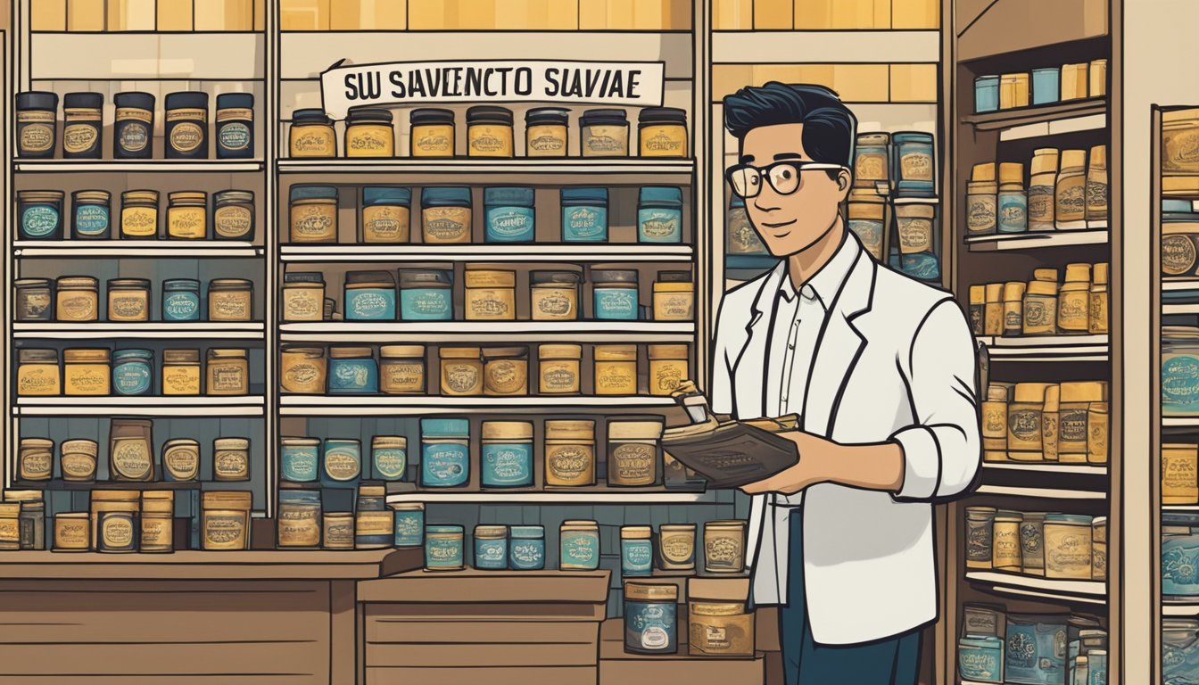 A display of Suavecito pomade on a shelf in a Singaporean store, with a sign reading "Frequently Asked Questions: where to buy suavecito pomade in Singapore."