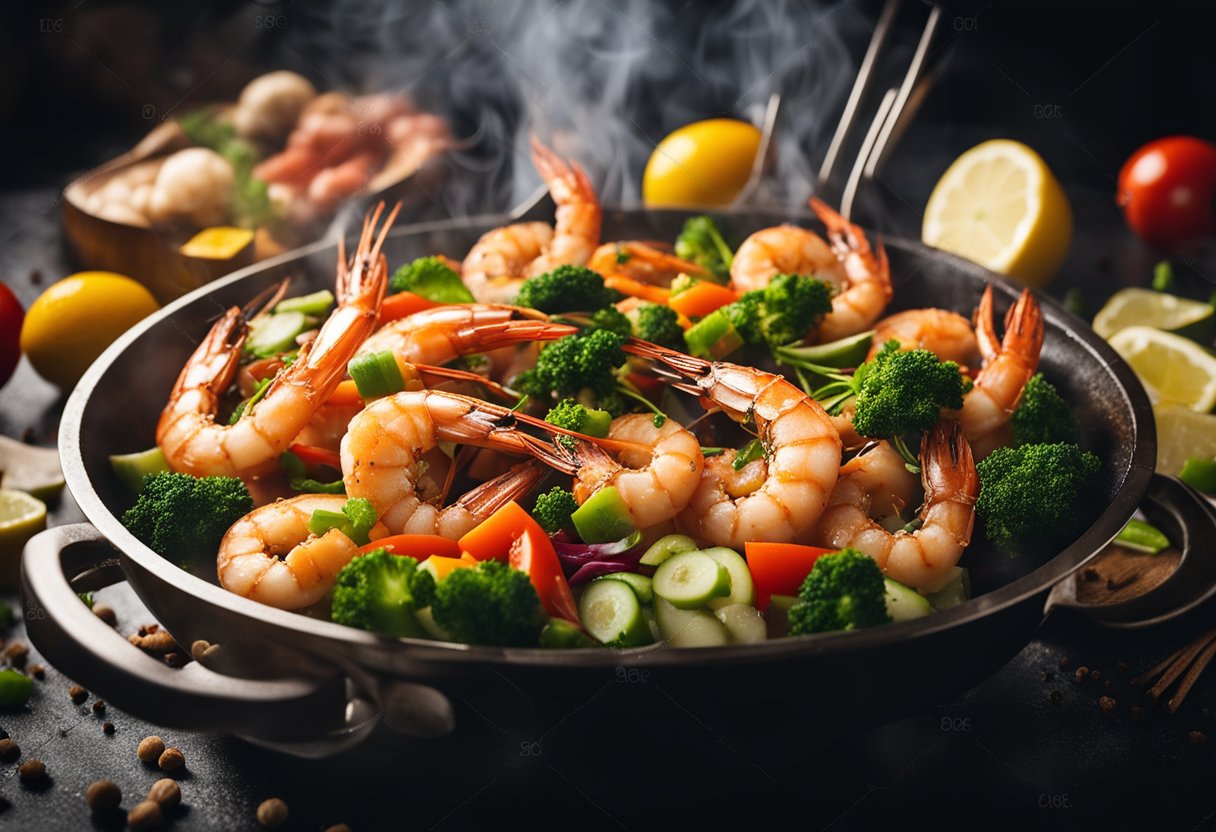 Tiger prawns sizzling in a wok with Chinese spices and vegetables, steaming and aromatic