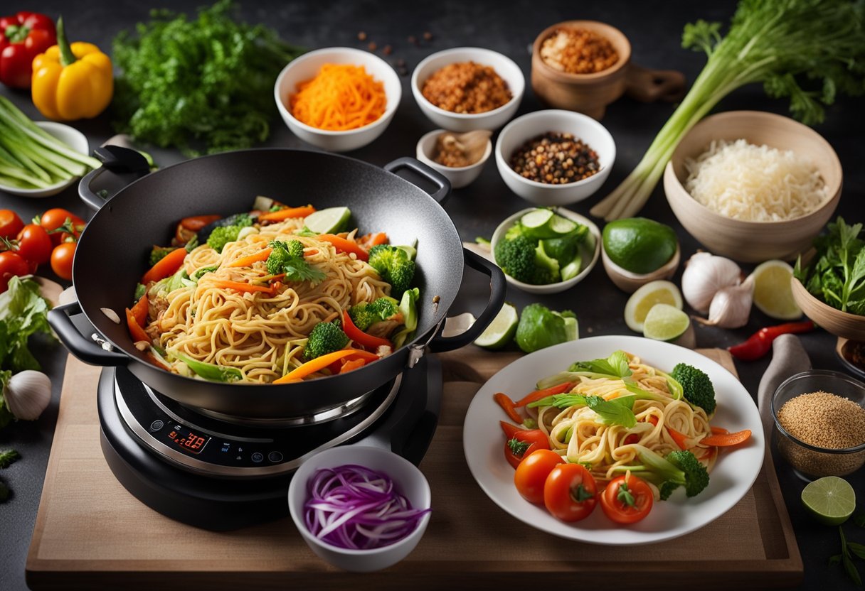 A steaming bowl of stir-fried noodles sizzling in a wok, surrounded by colorful vegetables and aromatic spices. A Thermomix TM6 sits on the countertop, ready to whip up more delicious Chinese dishes