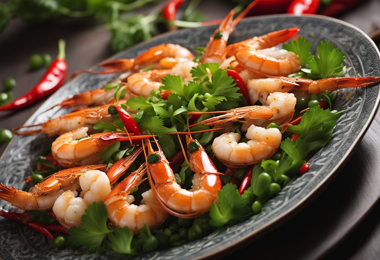 A platter of sizzling tiger prawns, garnished with vibrant green scallions and vibrant red chili peppers, is presented on a traditional Chinese serving dish