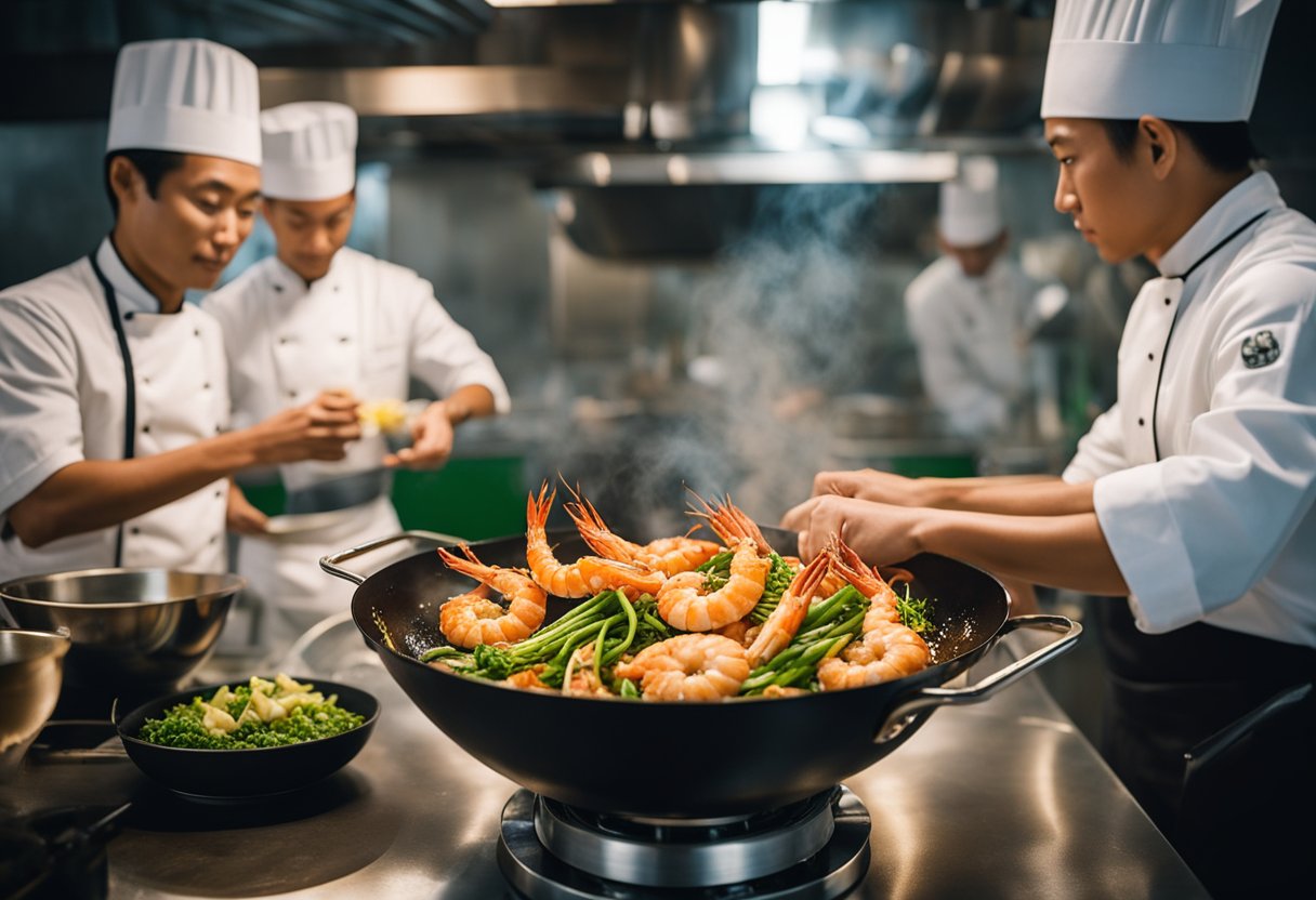 A sizzling wok holds tiger prawns, ginger, and garlic, as a chef adds soy sauce and sesame oil. Green onions and chili peppers sit nearby