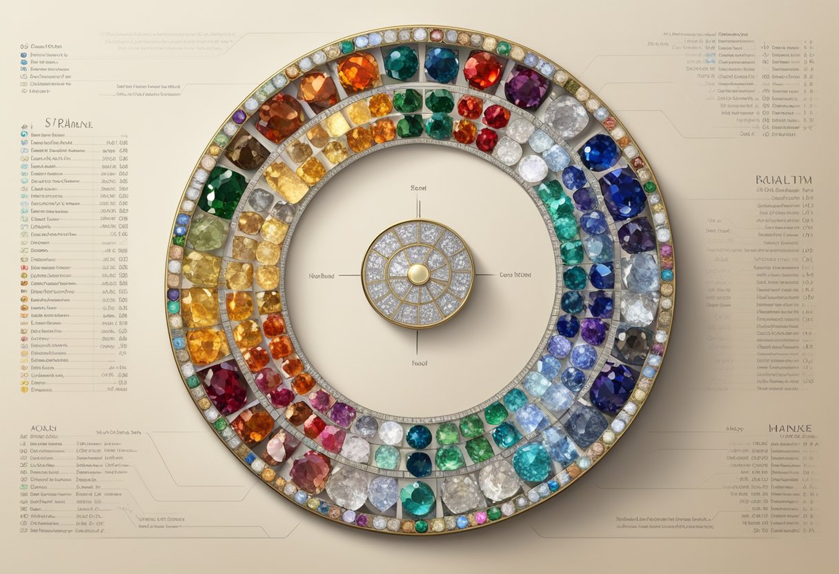 A sparkling array of birthstones arranged in a circular display, each stone representing a different month of the year. Labels indicate the name and significance of each stone