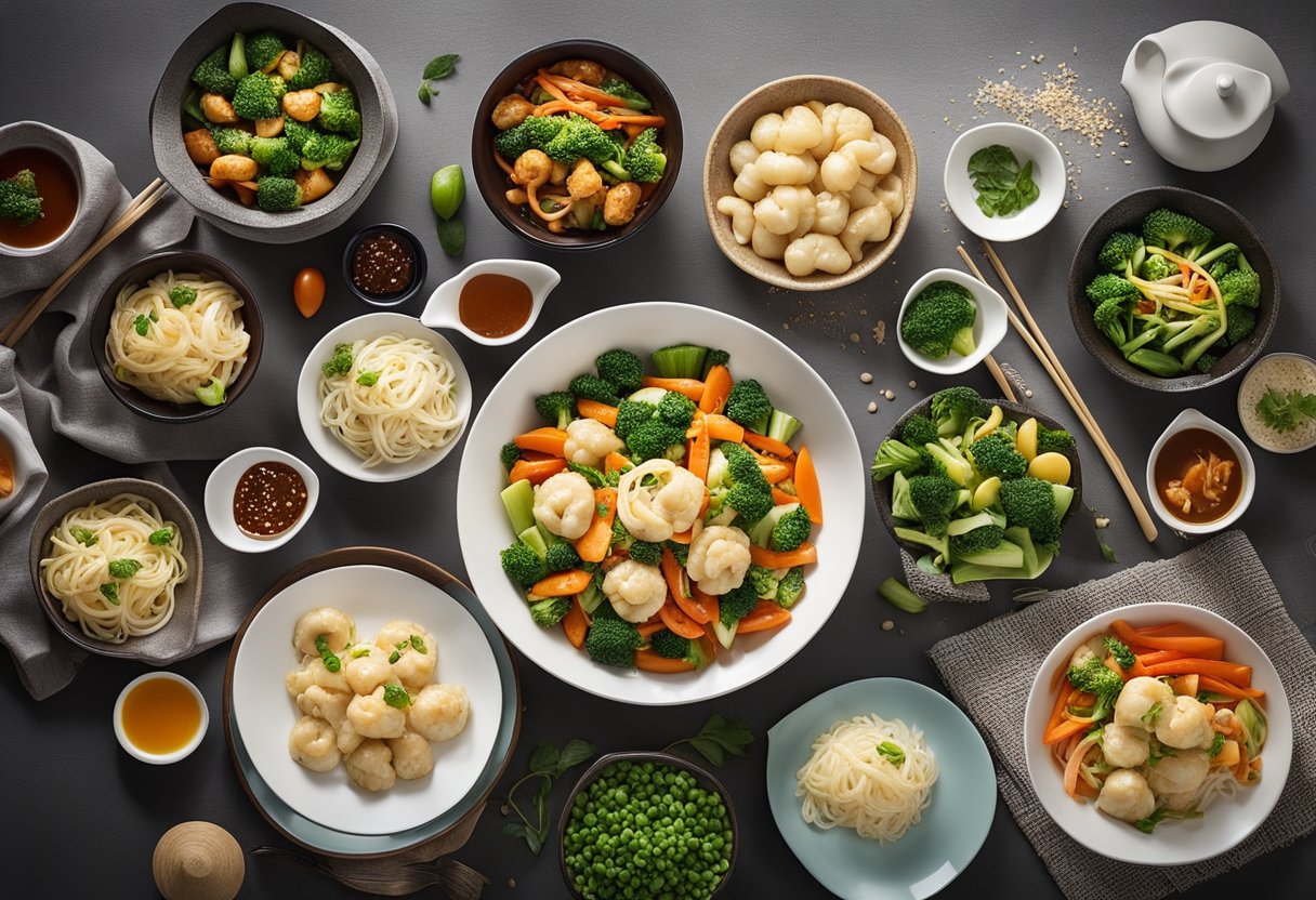 A table set with colorful, family-friendly Chinese dishes prepared using the Thermomix TM6, showcasing a variety of stir-fries, dumplings, and steamed vegetables