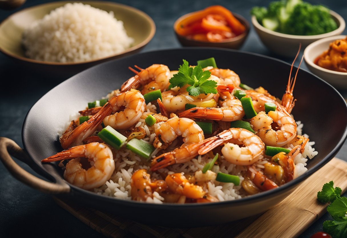 A sizzling wok tosses tiger prawns in a fragrant Chinese sauce, surrounded by vibrant ingredients and a steaming bowl of rice