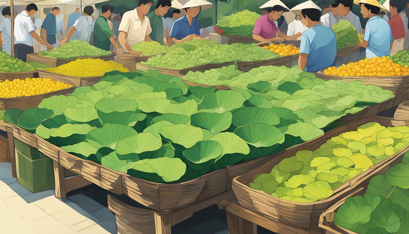 Lotus leaf for sale at a bustling market in Singapore. Brightly colored stalls display the large, vibrant green leaves, enticing customers with their fresh, earthy scent