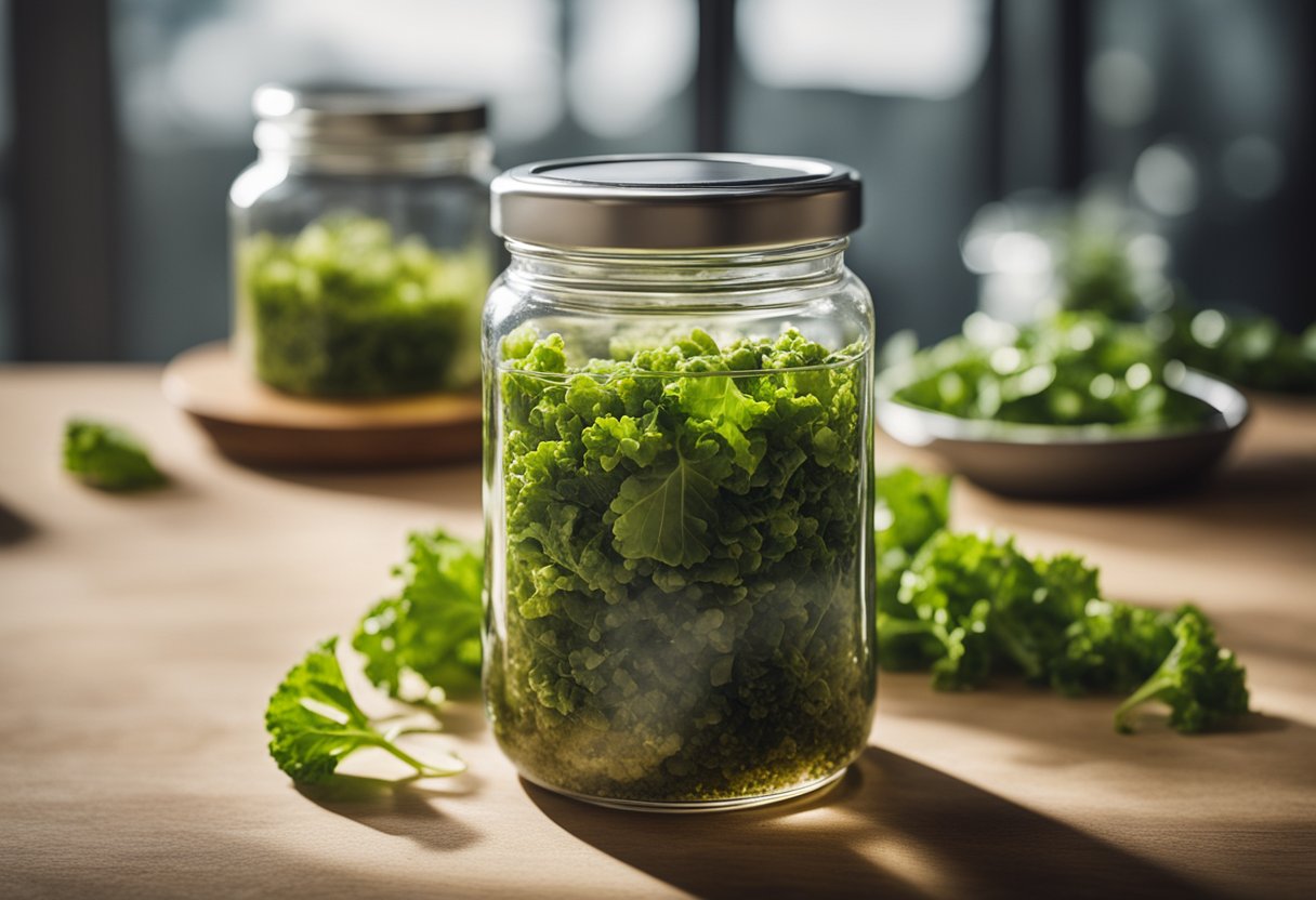 A glass jar filled with chopped mustard greens, submerged in a brine of vinegar, salt, and sugar, ready for pickling