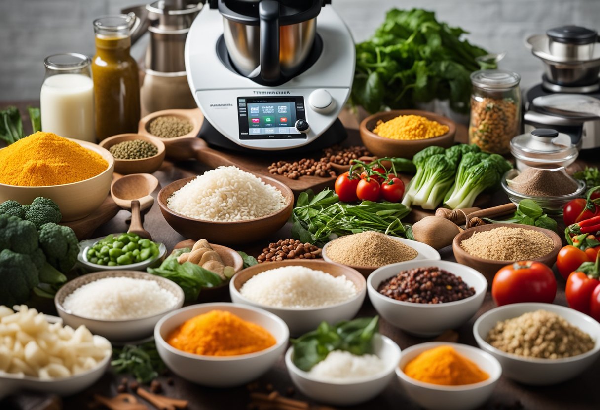 A colorful array of Chinese ingredients surround the Thermomix TM6, including vibrant vegetables, aromatic spices, and traditional cooking utensils