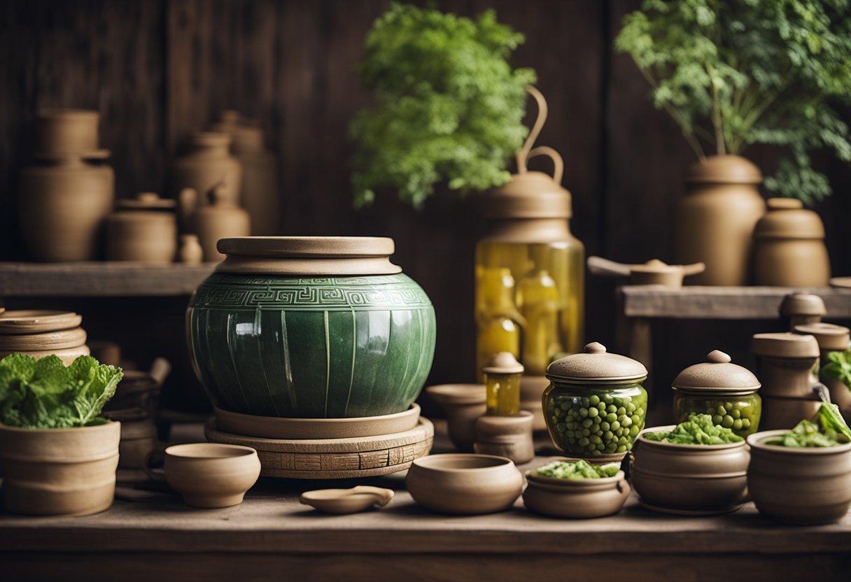 A traditional Chinese kitchen with pickled mustard greens in clay jars, surrounded by historical artifacts and cultural symbols