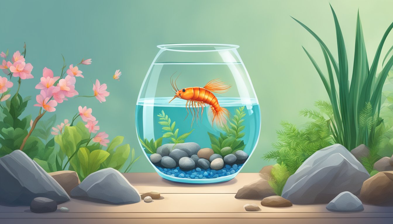 A hand pours water into a glass aquarium, adding plants and rocks. Cherry shrimp are carefully introduced to their new home