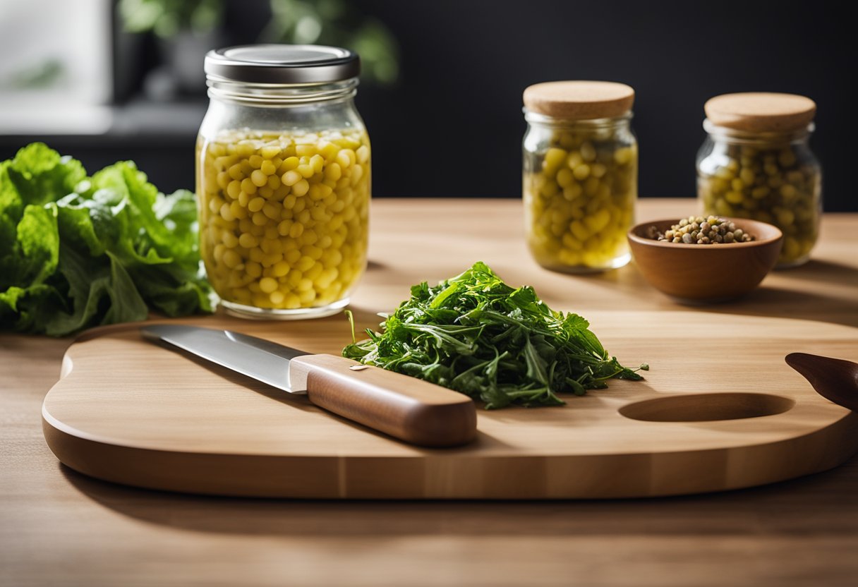 A cutting board with sliced pickled mustard greens, a knife, a bowl of vinegar, and a jar of spices