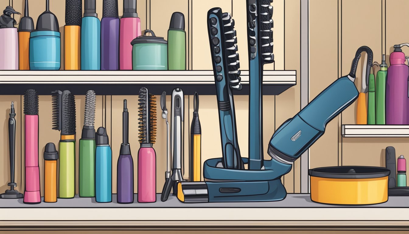 A hand reaches for various curling irons on a shelf, comparing sizes and features. A sign reads "Choosing the Right Curling Iron" in the background