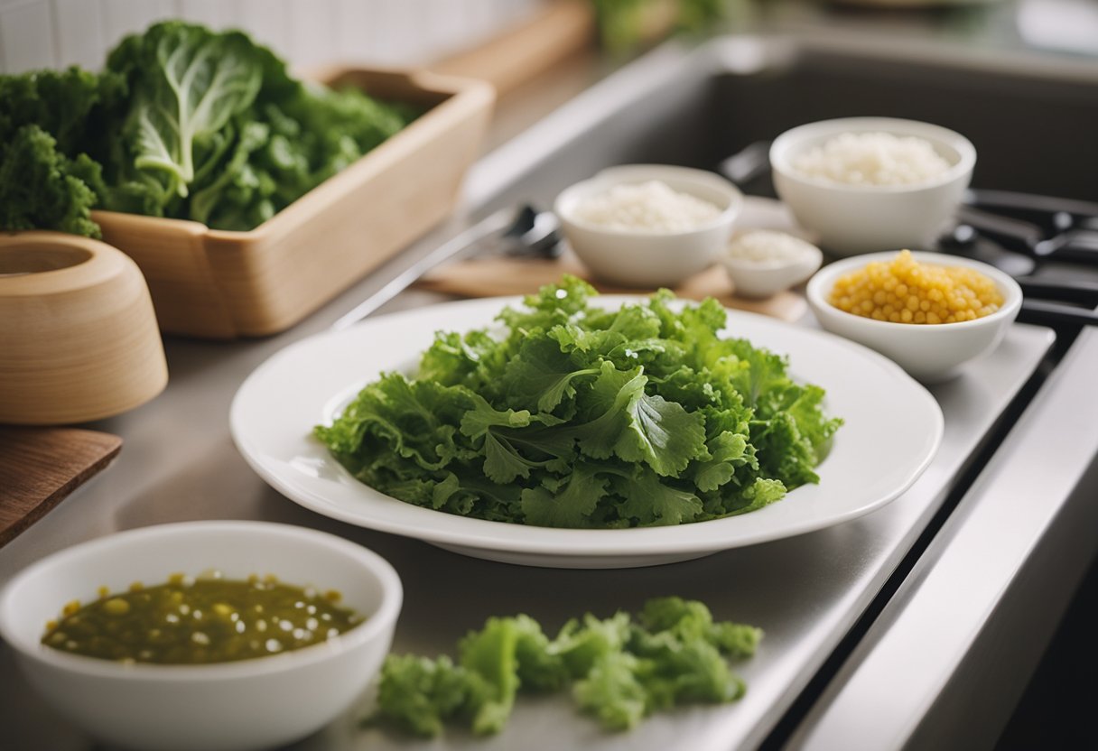 Mustard greens being washed, chopped, and pickled in a traditional Chinese recipe. Ingredients and utensils laid out on a clean kitchen counter