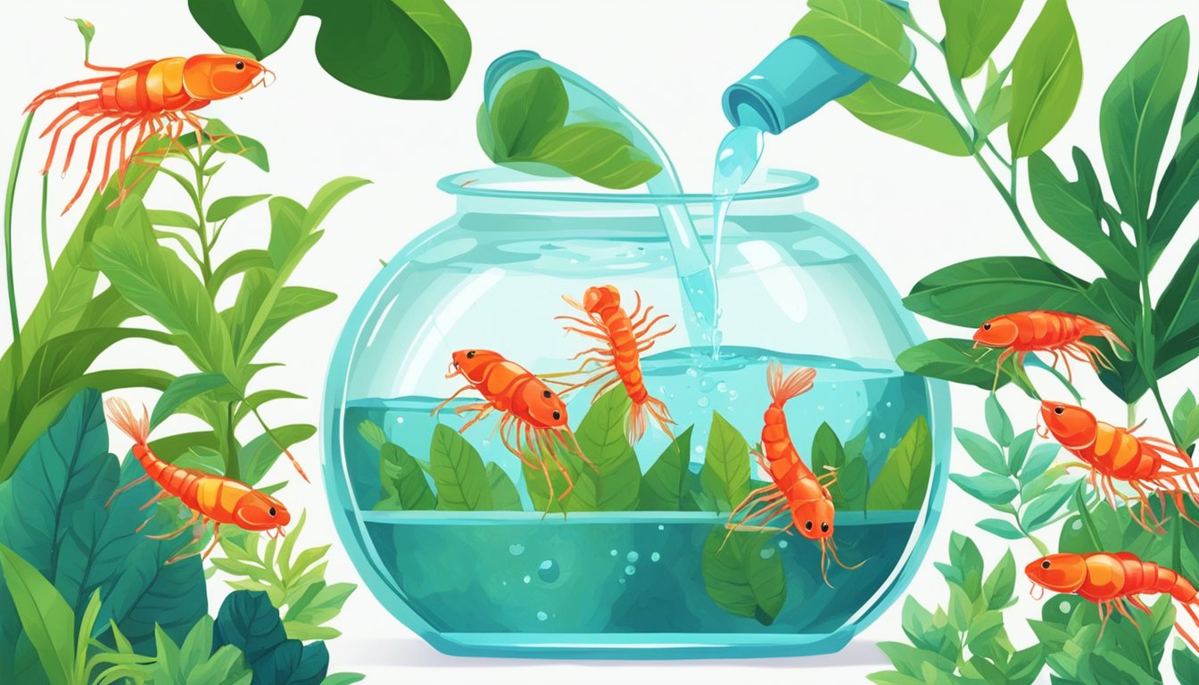 A hand pours water into a small tank with plants. Cherry shrimp swim among the leaves, their bright red bodies contrasting with the greenery