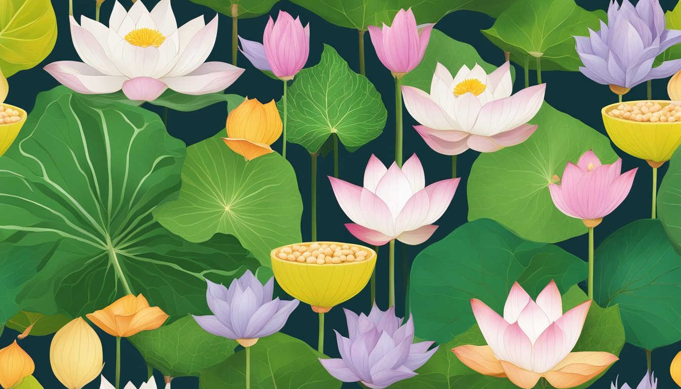 Fresh lotus leaves displayed in a bustling Singapore market, with vibrant colors and enticing aromas. The leaves are surrounded by various herbs and spices, symbolizing their culinary and health uses
