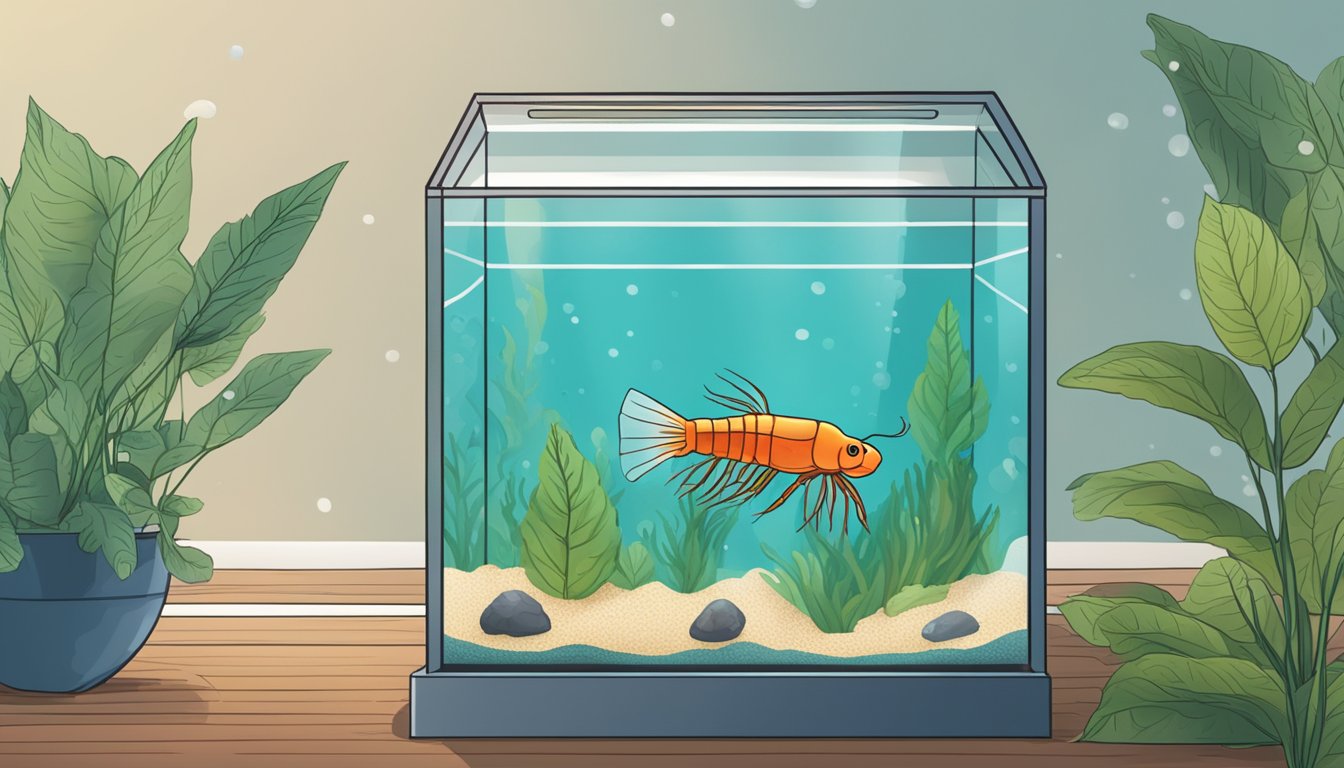 Cherry shrimp swimming in a clear aquarium with a "Frequently Asked Questions" banner in the background