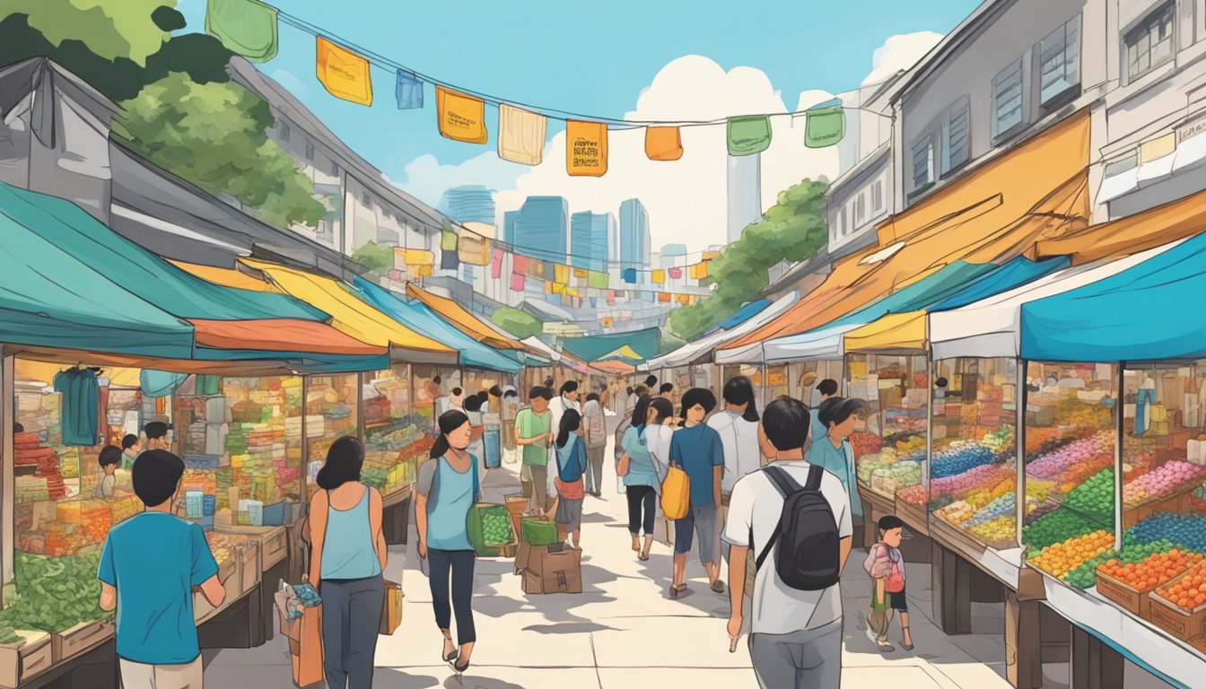 A bustling outdoor market in Singapore, with colorful stalls and signs advertising "Nalgene" water bottles. Shoppers browse and point at the merchandise