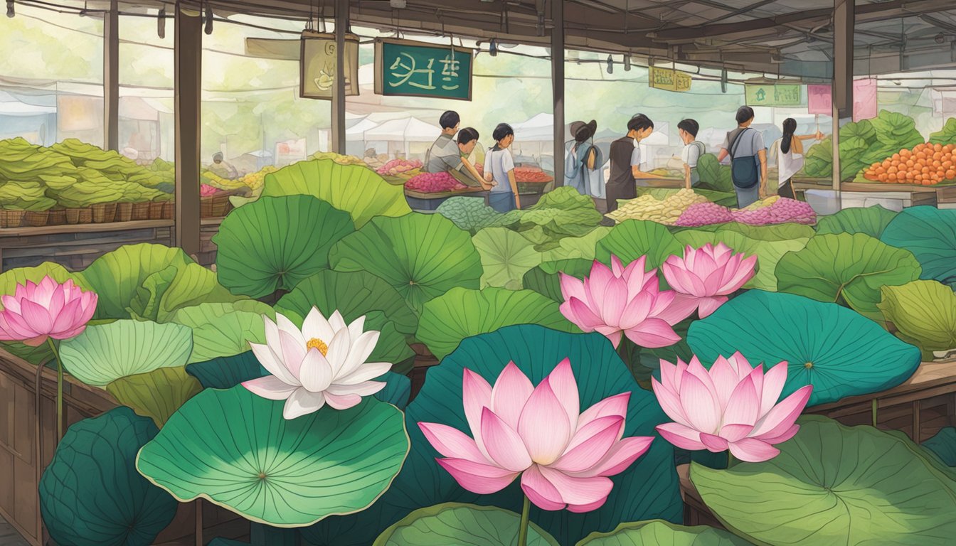 Lotus leaf displayed in a vibrant Singapore market, with a sign indicating "Frequently Asked Questions: Where to buy lotus leaf in Singapore."