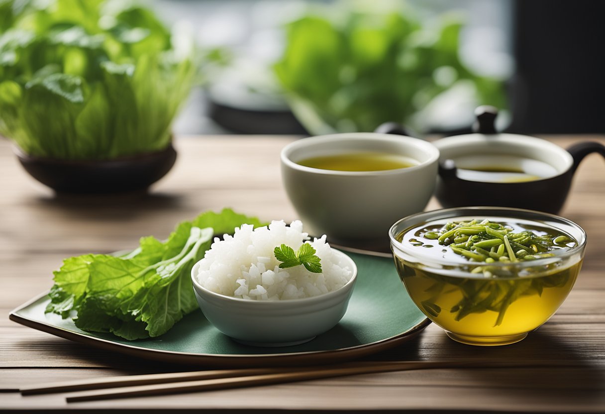 A bowl of Chinese pickled mustard greens sits next to a plate of steamed rice and a pair of chopsticks on a wooden table. A teapot and a cup of green tea complete the setting