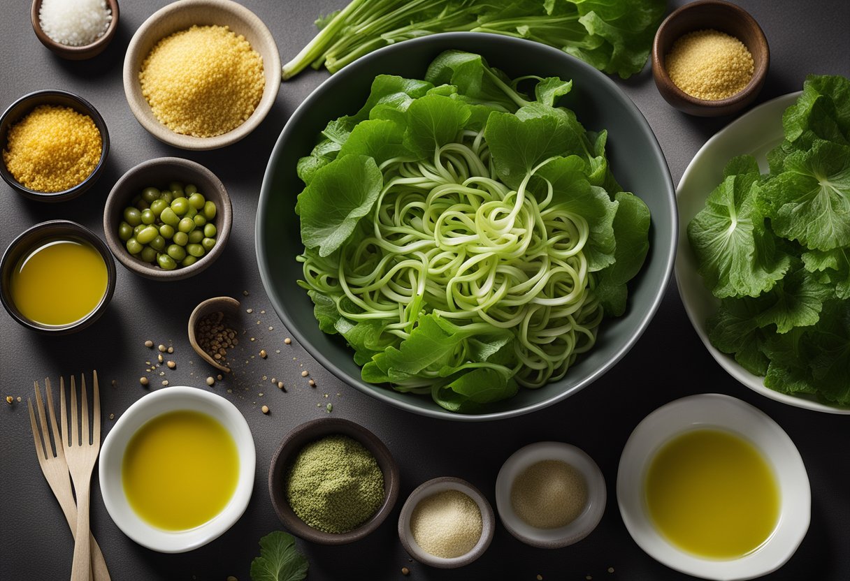 A bowl of pickled mustard greens surrounded by ingredients and utensils on a kitchen counter