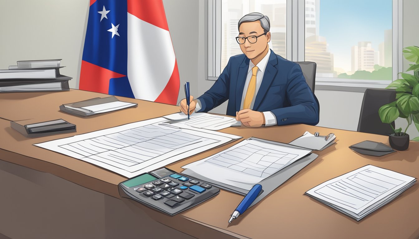 Foreigner signs paperwork in a real estate office. A stack of documents sits on the desk, alongside a pen and a calculator. A Singapore flag hangs on the wall