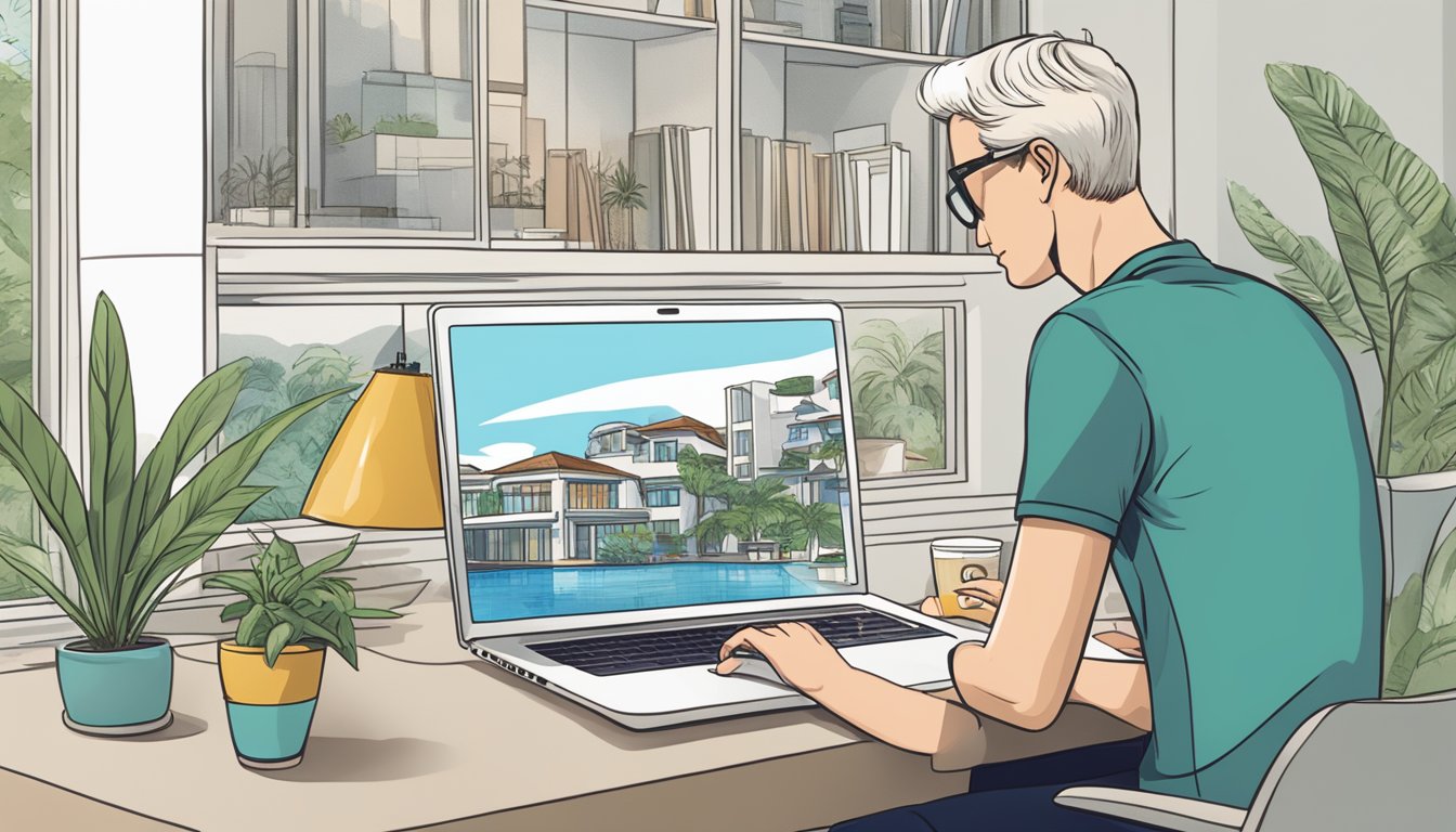 A foreigner browsing through real estate listings in Singapore, with a "Frequently Asked Questions" section open on their laptop