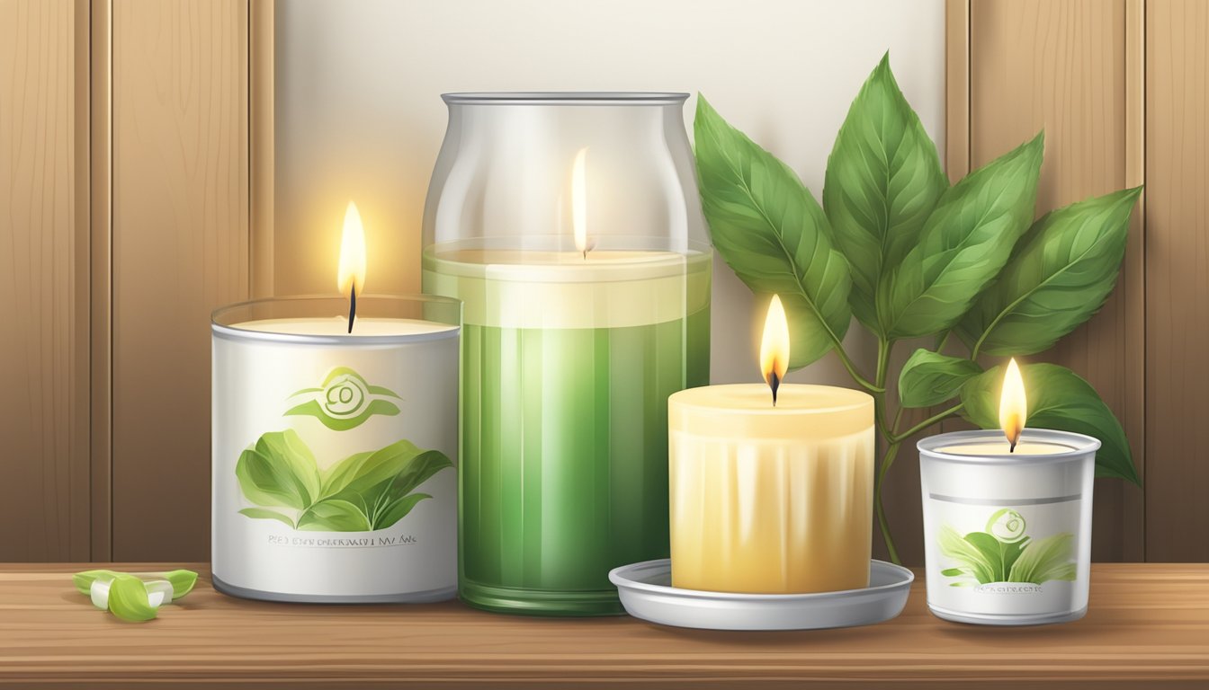 A table with soy wax flakes, fragrance oils, and candle molds. A lit candle with a clean burn. A label with "Soy Wax" and "Eco-friendly" on a shelf