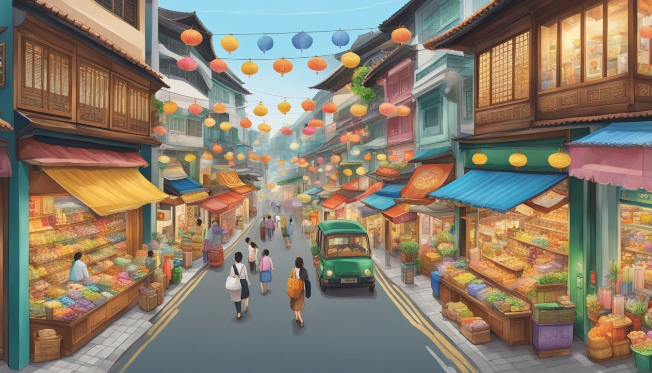 A bustling street in Singapore lined with colorful Feng Shui shops, displaying a variety of traditional items such as lucky charms, crystals, and oriental decor