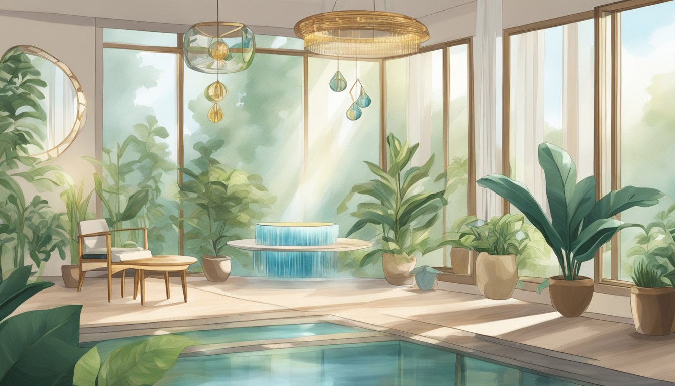 A serene room with natural light, plants, and flowing water fountain. Feng shui items like crystals, wind chimes, and mirrors are strategically placed for balance and harmony