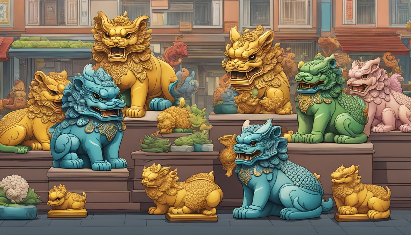 A bustling Singapore market displays various Pixiu statues for sale
