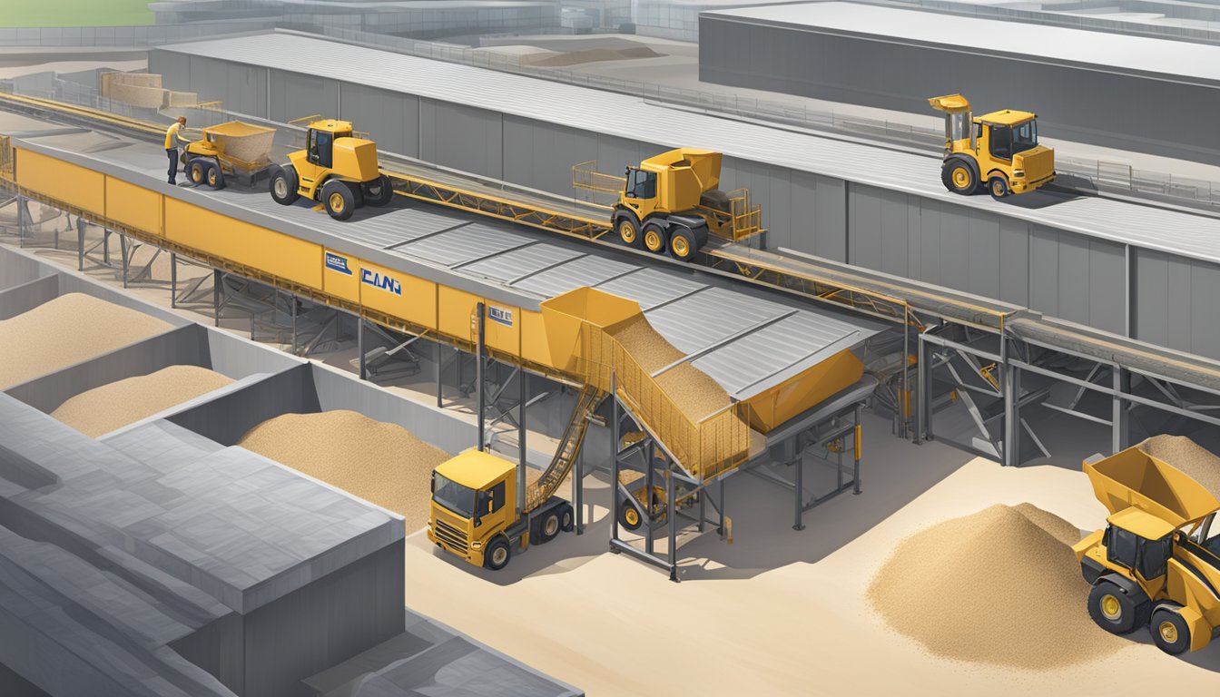 A conveyor belt moves silica sand into a large industrial warehouse in Singapore. Trucks unload and workers oversee the process