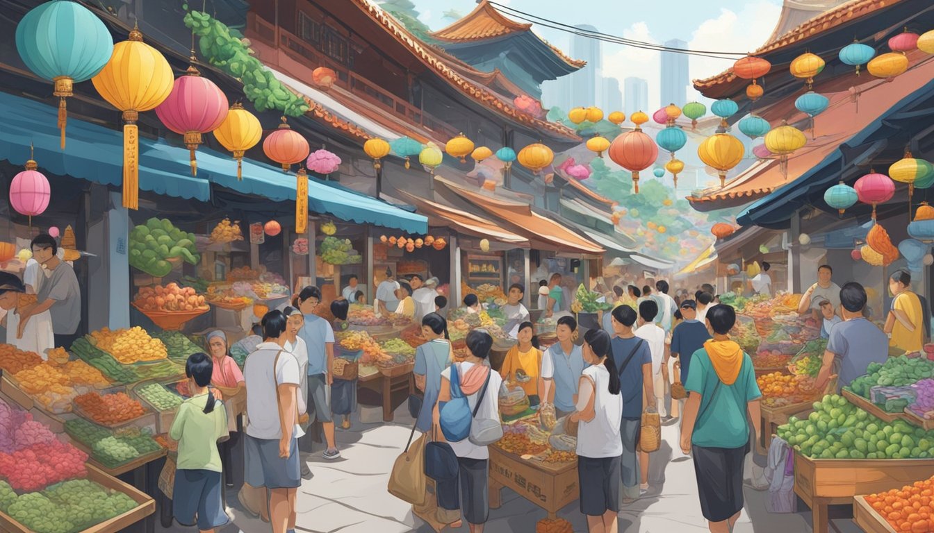 A bustling Singapore market, with colorful stalls selling Pixiu statues and trinkets. People eagerly inspecting the mythical creature, eager to bring its luck into their homes
