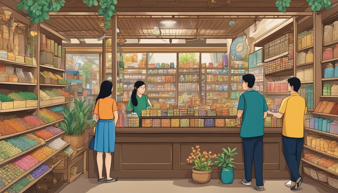 A bustling feng shui shop in Singapore, filled with colorful and ornate items. Customers browse shelves and displays, while a knowledgeable staff member assists with inquiries