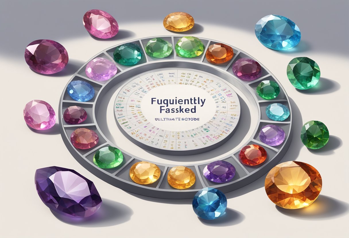 A sparkling array of birthstones arranged in a circular display, each stone labeled with its corresponding month. A book titled "Frequently Asked Questions Ultimate Guide to Birthstones" sits open nearby