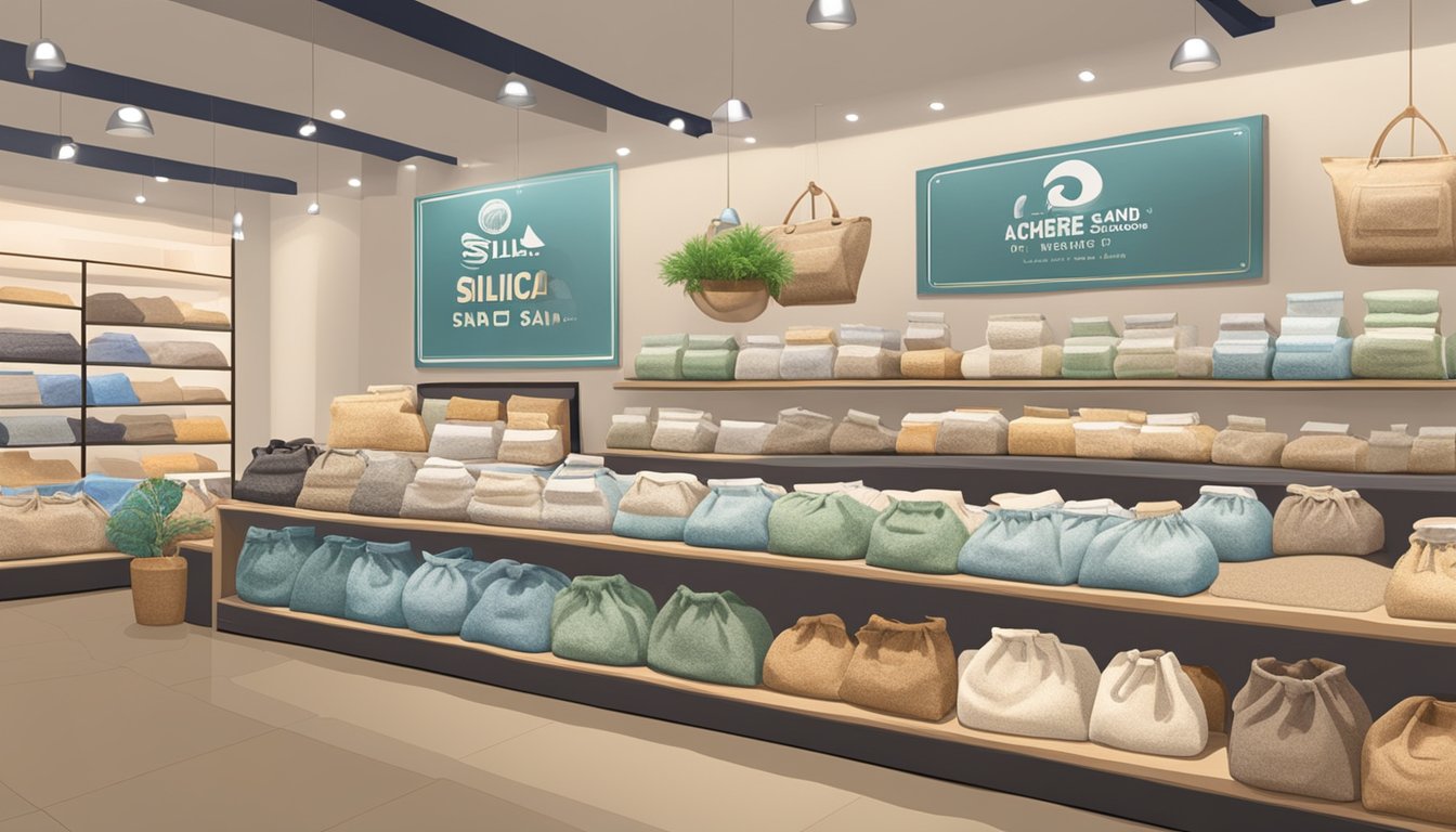 A store display of various bags of silica sand with a prominent sign reading "Where to buy silica sand in Singapore" above the products