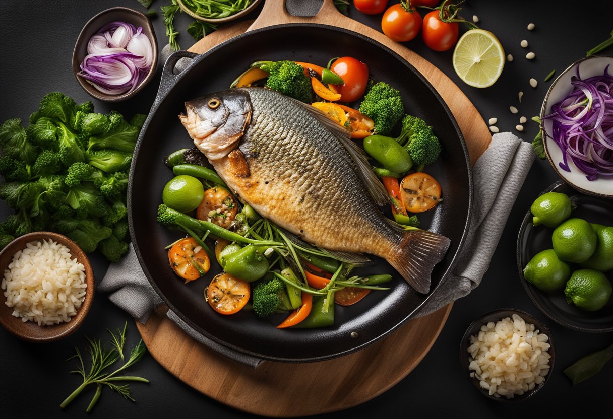 A whole tilapia fish sizzling in a hot wok with ginger, garlic, and soy sauce, surrounded by colorful vegetables and aromatic herbs