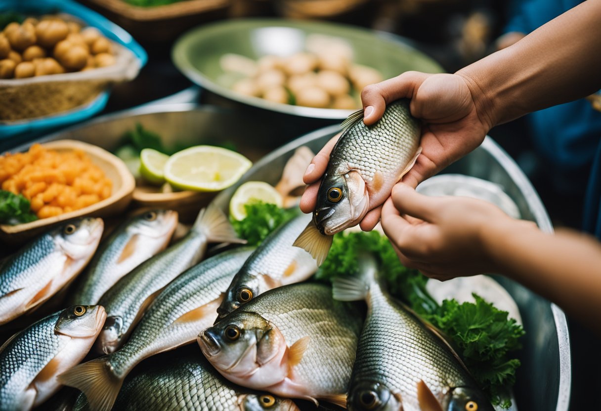 A hand reaches for a fresh tilapia fish in a market, surrounded by vibrant Chinese ingredients