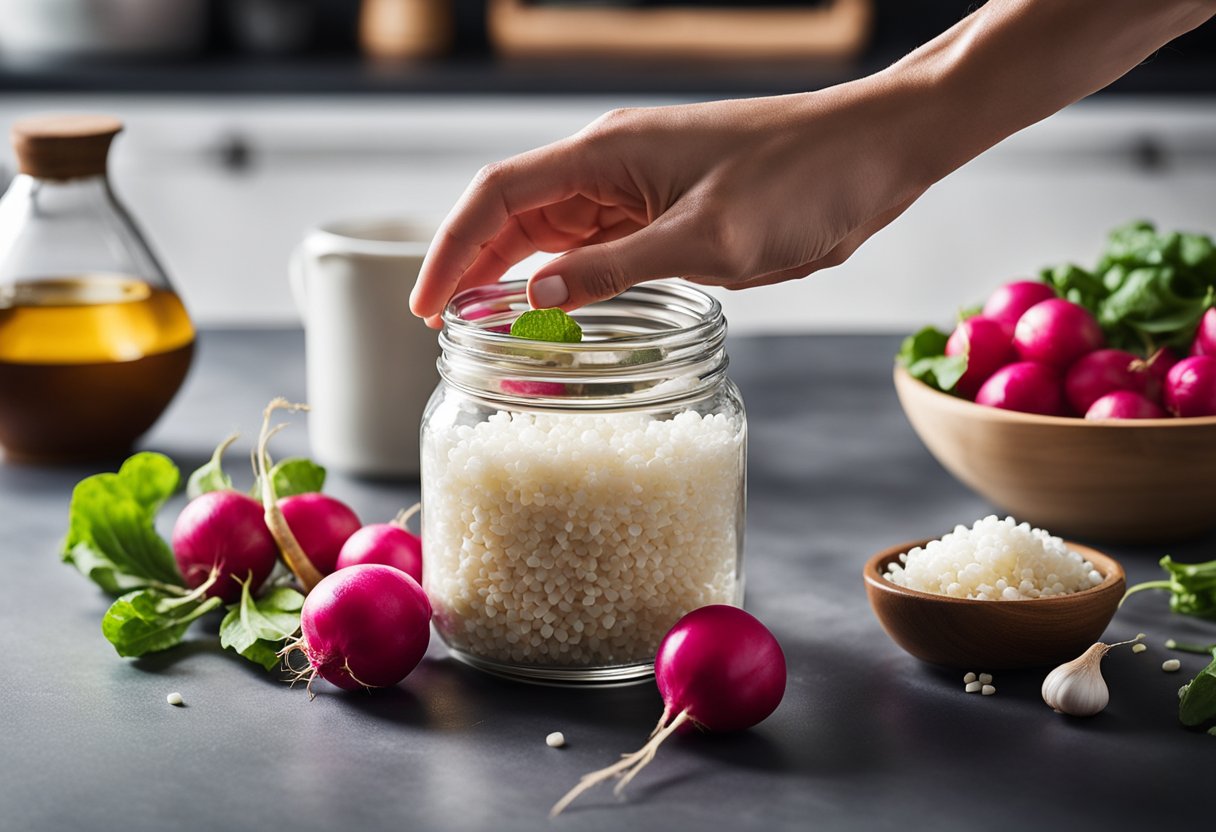 A hand reaches for fresh radishes, ginger, and garlic. A jar of rice vinegar and a bowl of sugar sit on the counter