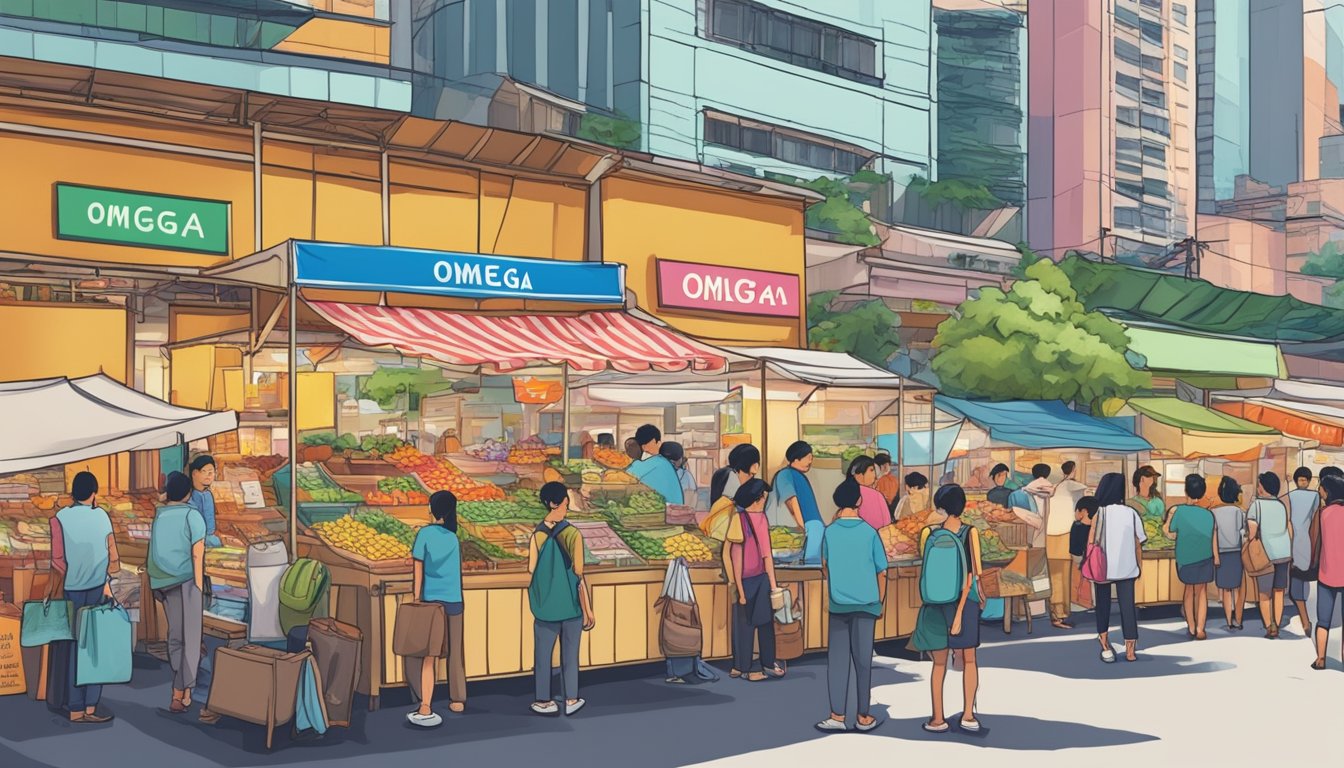 A bustling street market in Singapore, with colorful stalls and signs advertising "Omega" products. Shoppers browse and vendors call out their prices