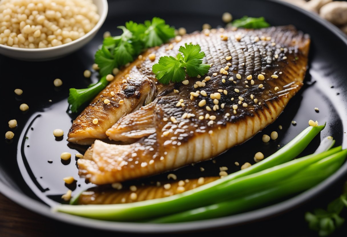 A tilapia fish is being marinated in a mixture of soy sauce, ginger, and garlic. It is then being pan-fried in a hot skillet until golden and crispy. The fish is being garnished with green onions and sesame seeds before being