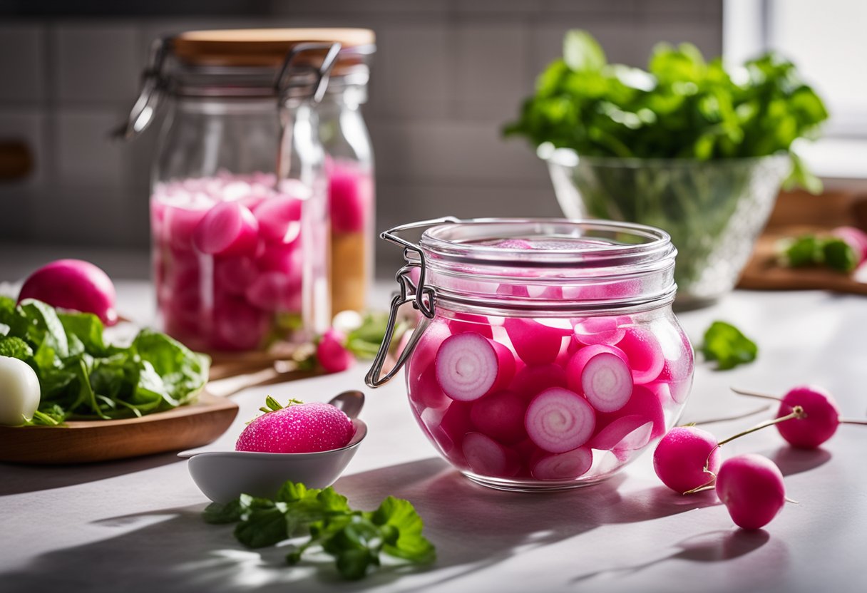A bowl of sliced radishes, vinegar, sugar, and salt on a kitchen counter, with a spoon and a glass jar nearby
