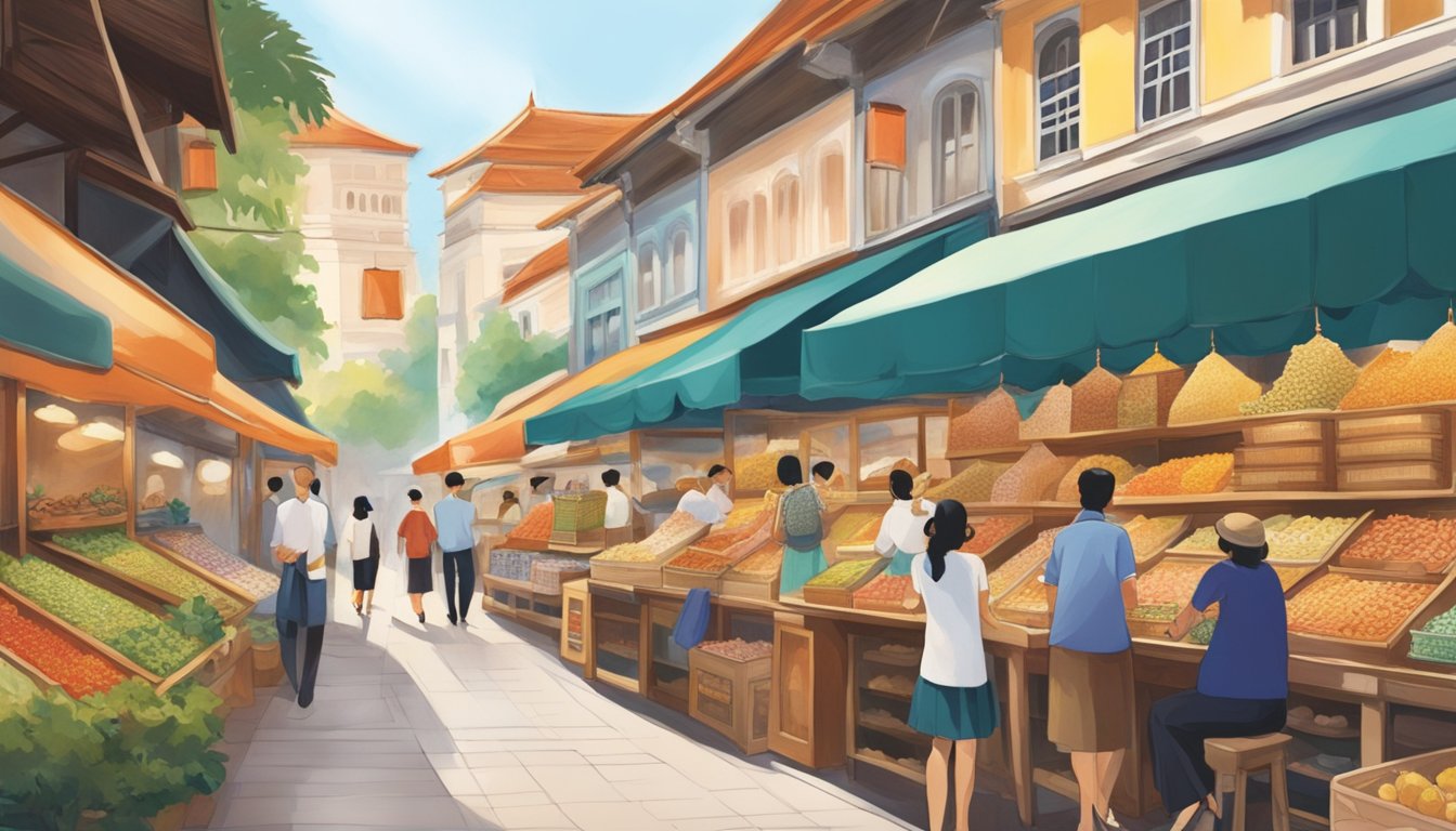 A bustling market in Singapore showcases Omega's rich heritage, with vibrant displays of traditional crafts and textiles. The aroma of local delicacies fills the air as shoppers browse through the diverse selection of Omega products