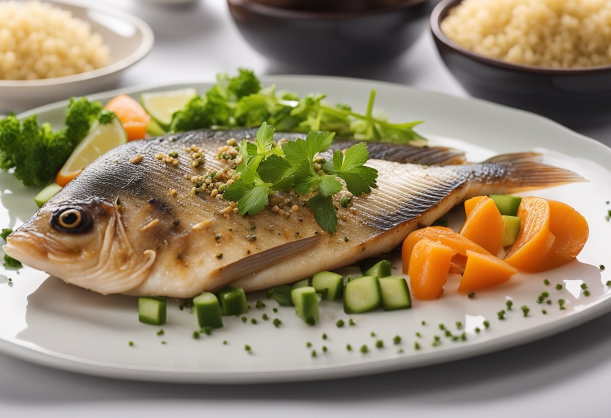 A plate of tilapia fish with Chinese seasonings, garnished with fresh herbs and served with steamed vegetables
