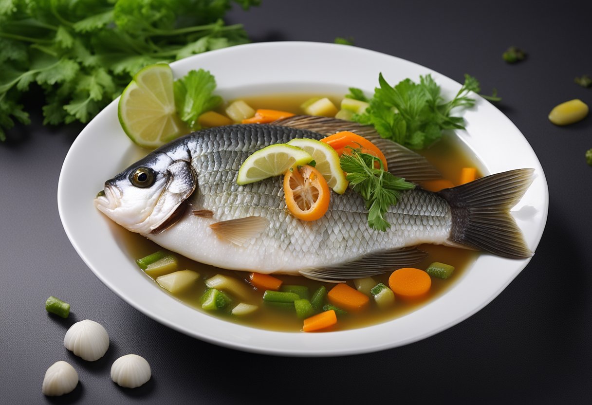 A tilapia fish swims in a clear Chinese-style broth with colorful vegetables and fragrant herbs